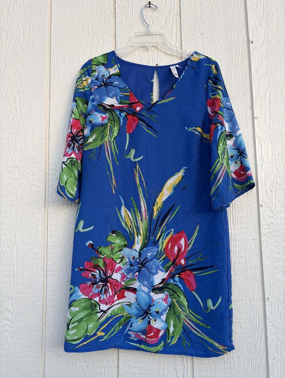 Pink Owl Blue Floral Shift Dress - Women's Short Sleeve Size S